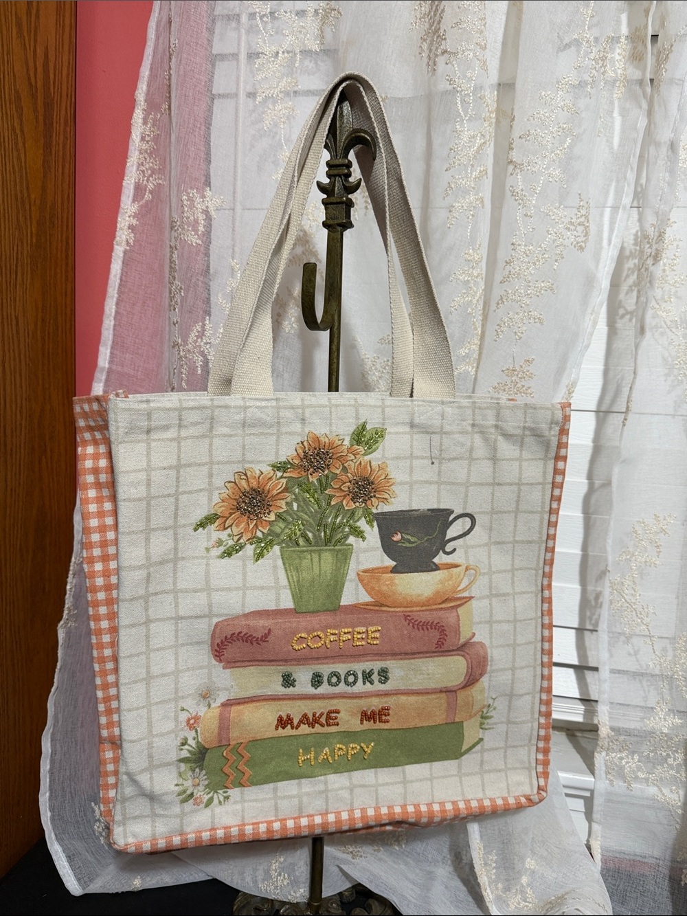 Fall beaded coffee and books decor canvas tote bag